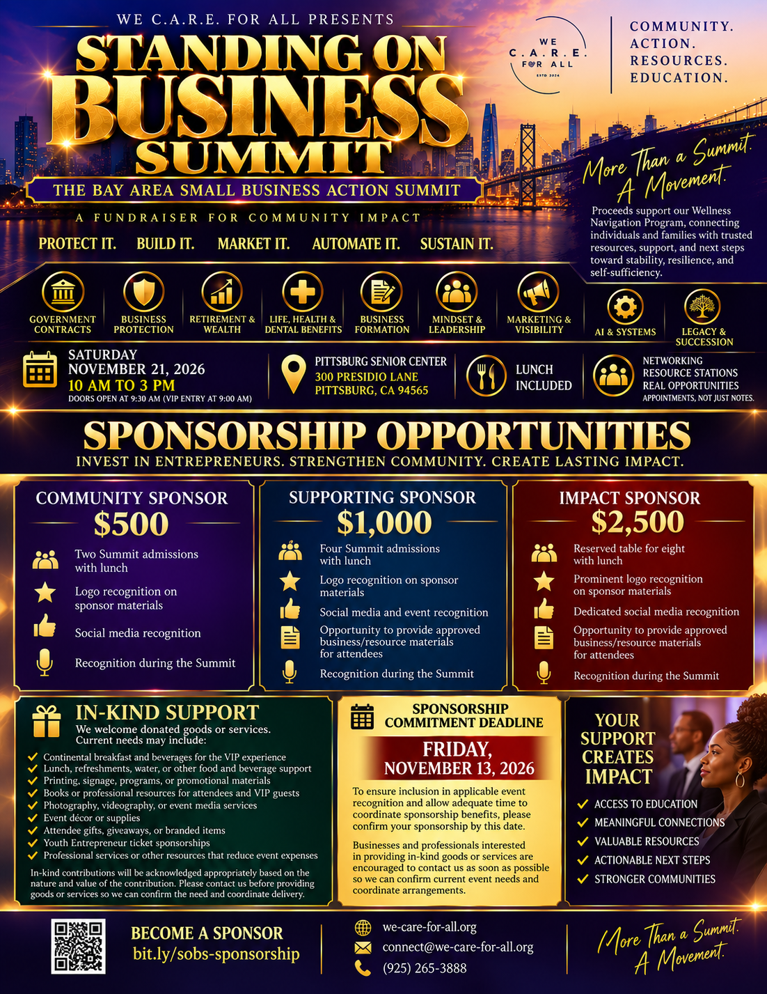 Standing on Business Summit Sponsorship Opportunities: Community Sponsor $500, Supporting Sponsor $1,000, Impact Sponsor $2,500; commitment deadline November 13, 2026.